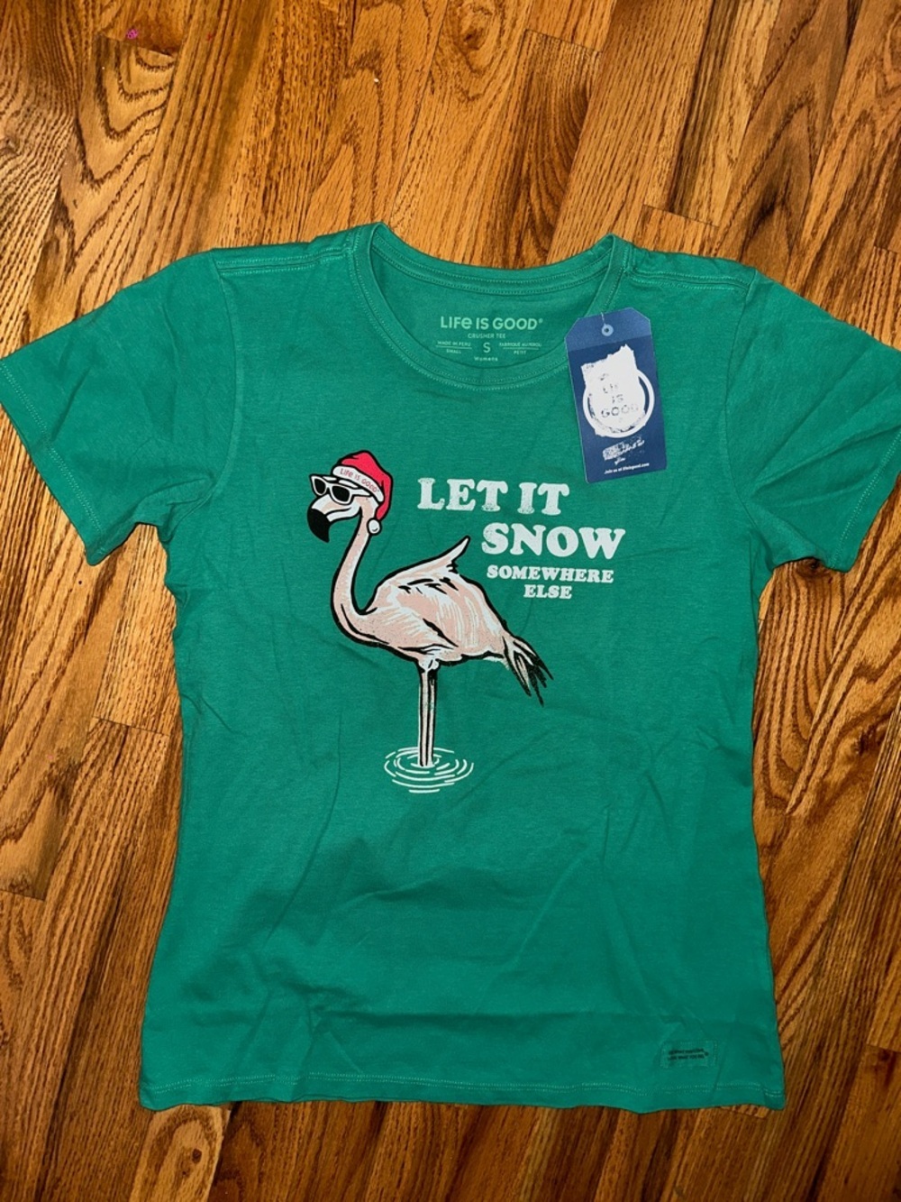 Life Is Good Green Flamingo 'Let It Snow' Graphic Tee Small S NWT